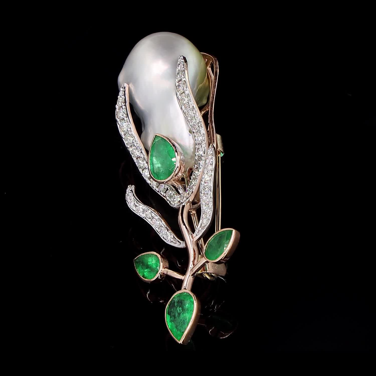 Keshi Pearl & Emerald Brooch - Image 2