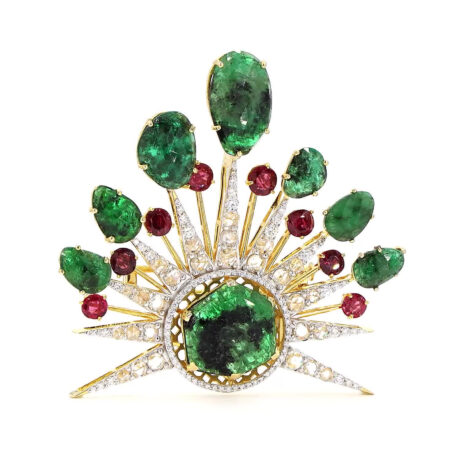 Emerald, Ruby & Rose-cut Brooch
