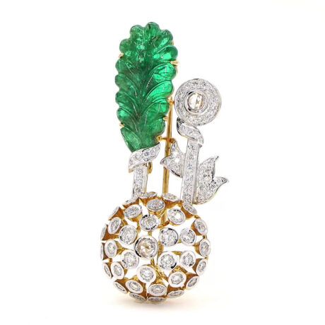 Carved Emerald & Diamond Brooch