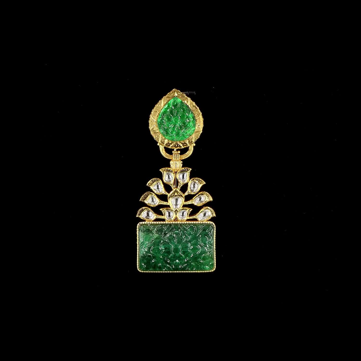 Carved Emerald & Polki Brooch