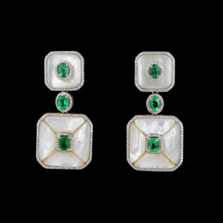 Mother of Pearl, Emerald, and Diamond Earrings