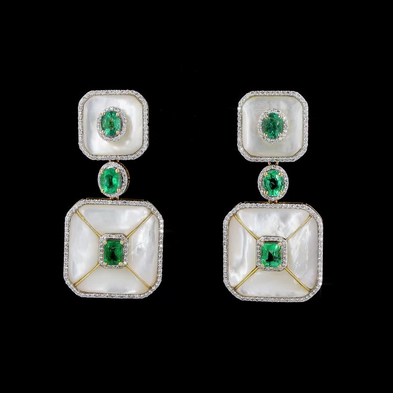 Mother of Pearl, Emerald, and Diamond Earrings