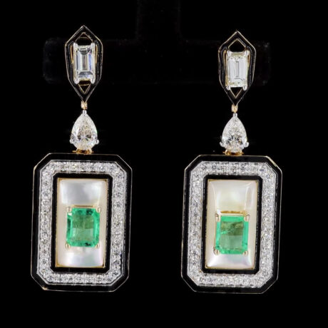 Mother of Pearl, Emerald, and Diamond Earrings
