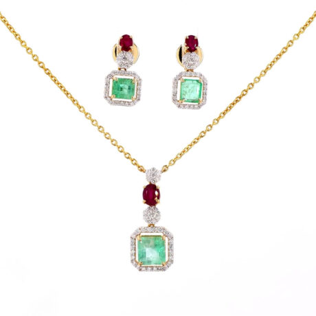 Emerald, Ruby and Diamond Pendant Set