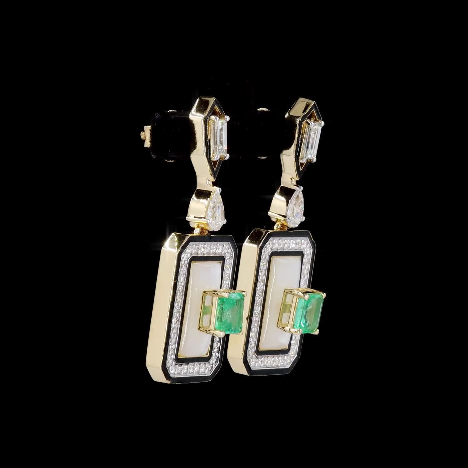 Mother of Pearl, Emerald, and Diamond Earrings - Image 2