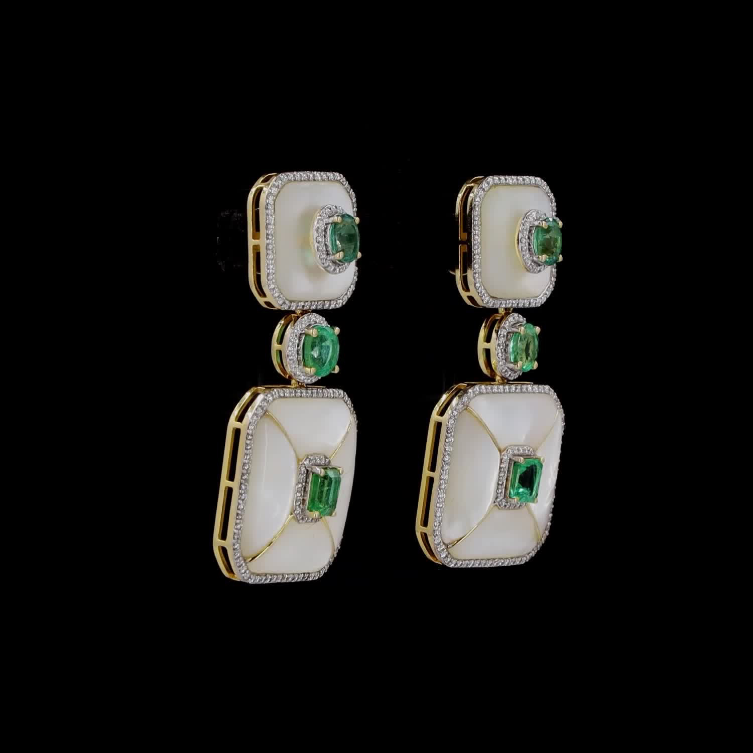 Mother of Pearl, Emerald, and Diamond Earrings - Image 3